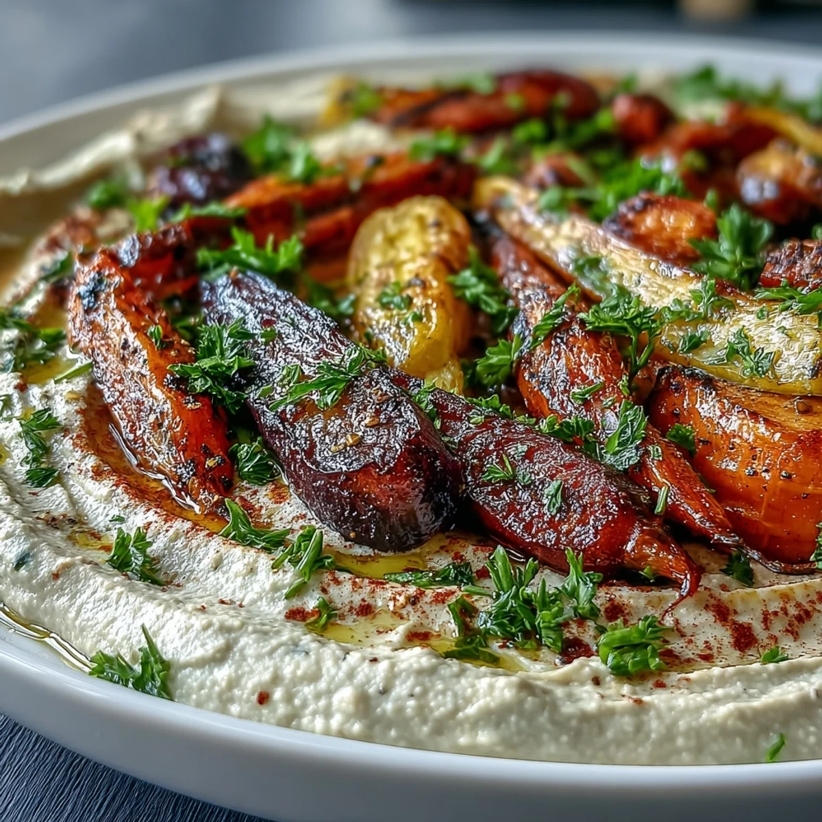 A vibrant platter of oven-roasted rainbow carrots with creamy tahini hummus, garnished with fresh parsley and paprika.  