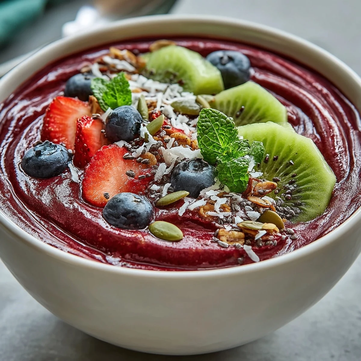 Vibrant pink Beet and Berry Smoothie Bowl topped with crunchy granola, sliced kiwi, and fresh berries in a white bowl.