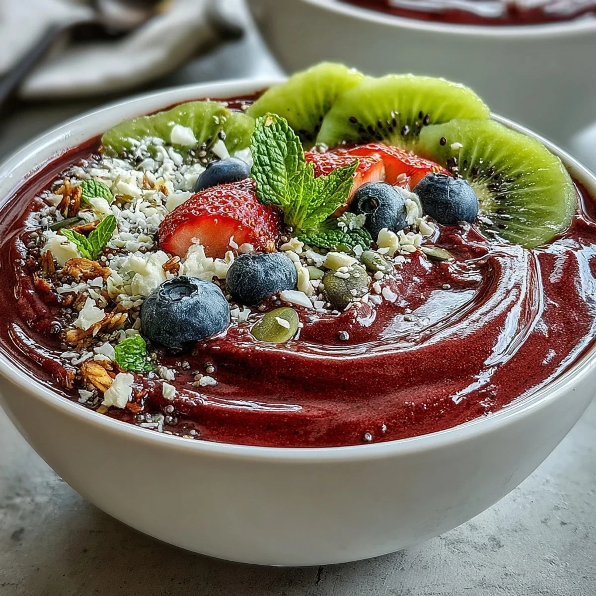 Two bowls of bright Beet and Berry Smoothie Bowl garnished with mint leaves, perfect for an energizing morning meal.