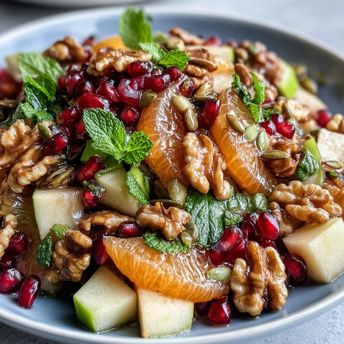 Bright winter salad with pomegranate seeds, diced apple, and crunchy walnuts served in a rustic white bowl.  