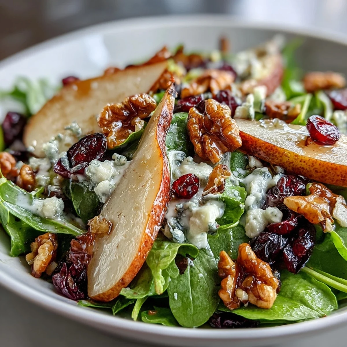 Pear Gorgonzola Salad with vibrant greens, blue cheese crumbles, and candied walnuts, ready to serve as a light, refreshing meal.