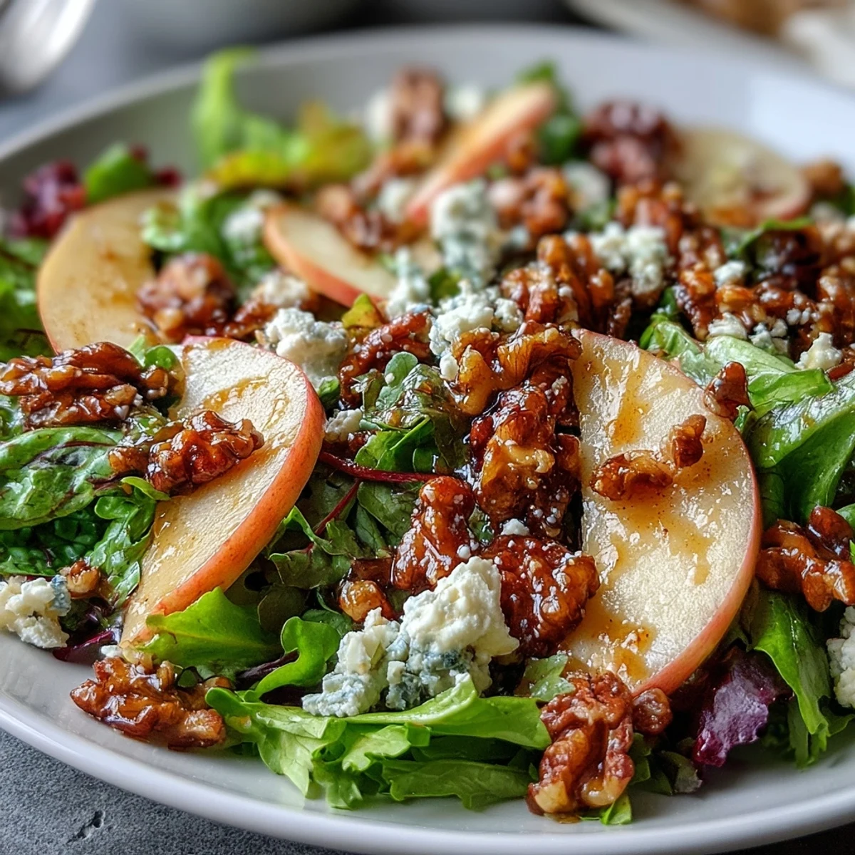 Thin slices of crisp Honeycrisp and Granny Smith apples are tossed with toasted walnuts, celery, and mixed greens, all coated in a tangy apple cider vinaigrette and topped with crumbled blue cheese for a refreshing winter salad.  