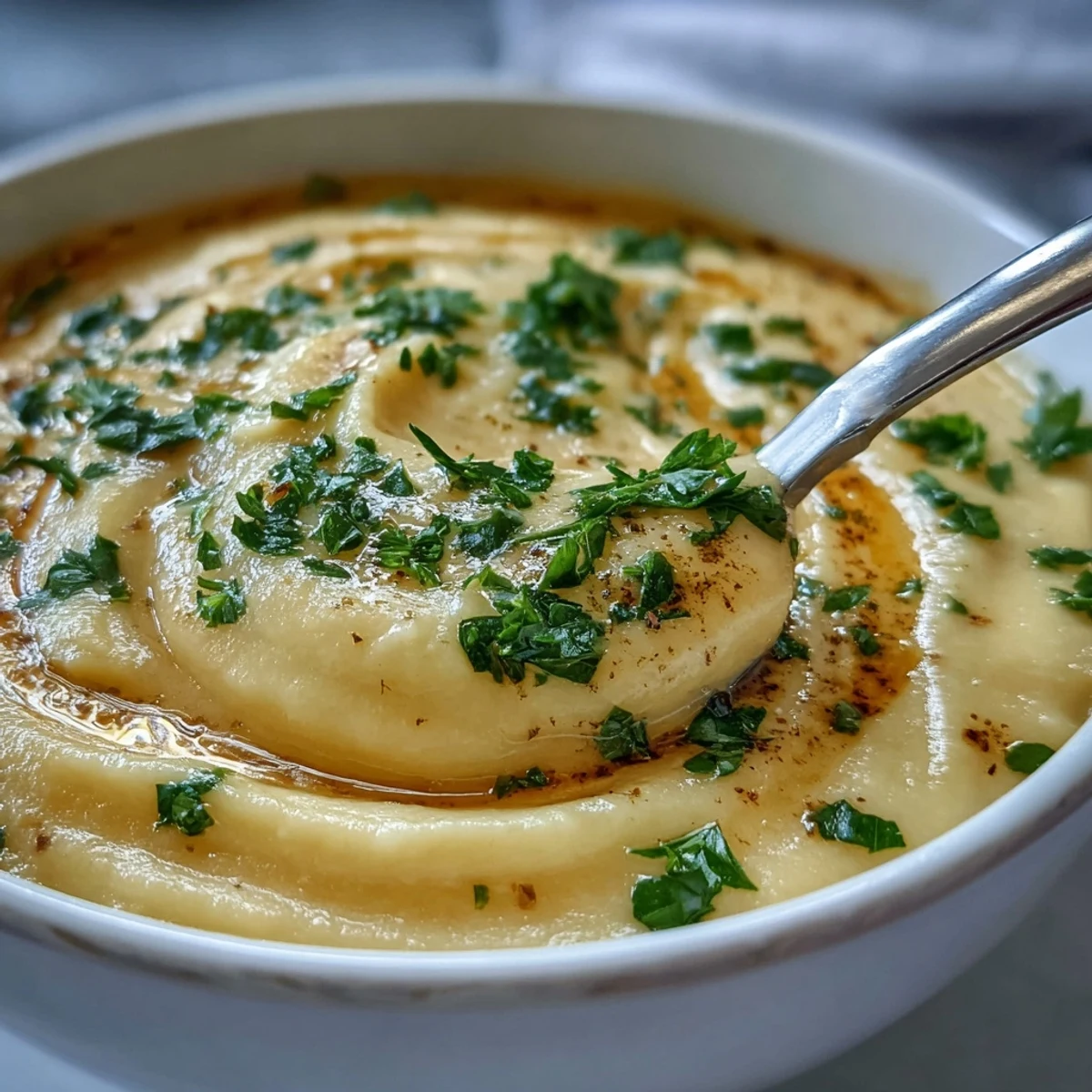 Creamy Vegetable Soup served steaming hot in a rustic white bowl with a garnish of fresh parsley.