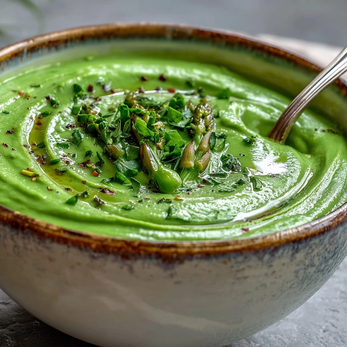 Creamy Big Green Immunity-Boosting Vegetable Soup with spinach, broccoli, and asparagus in a rustic bowl. 