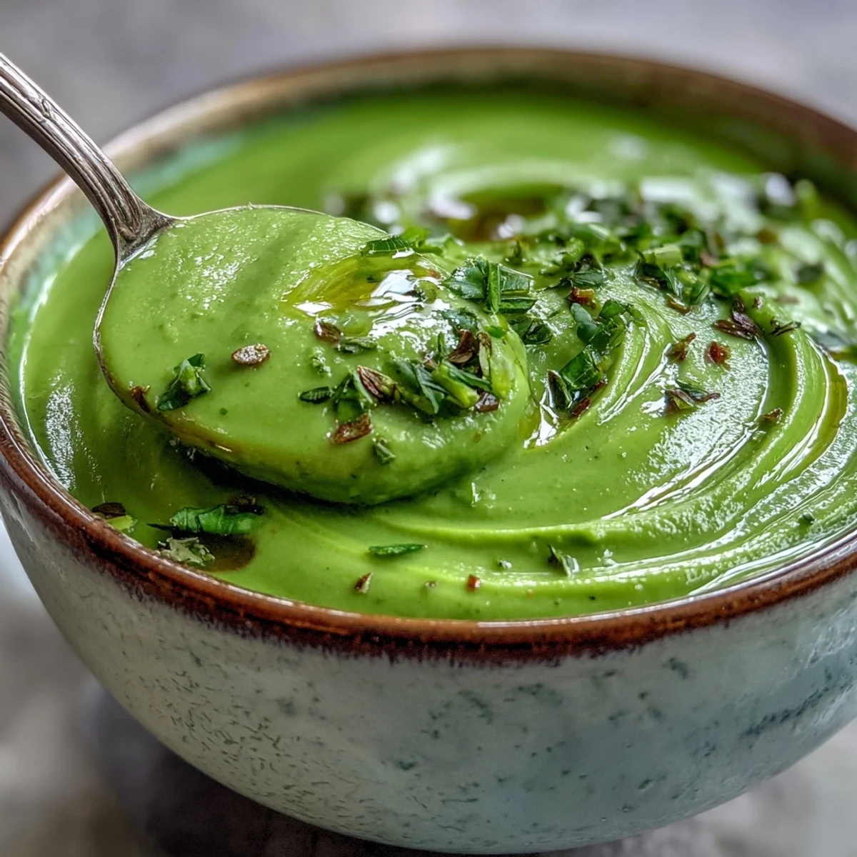 A bowl of vibrant green Big Green Immunity-Boosting Vegetable Soup topped with a drizzle of olive oil. 
