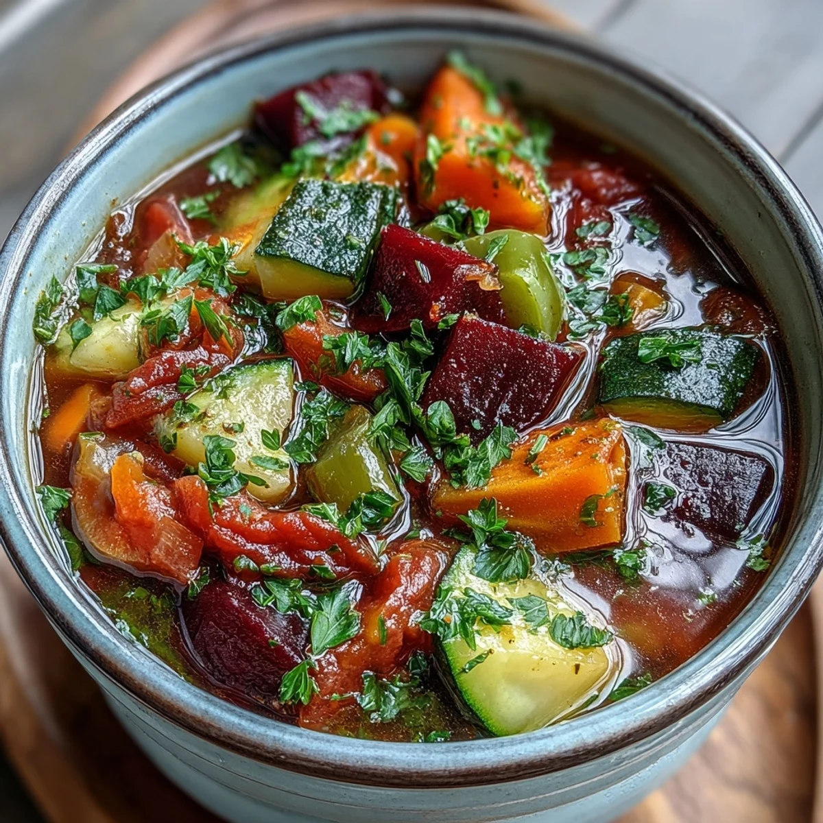 A vibrant bowl of Rainbow Vegetable Detox Soup garnished with fresh parsley, featuring diced carrots, tomatoes, and zucchini.