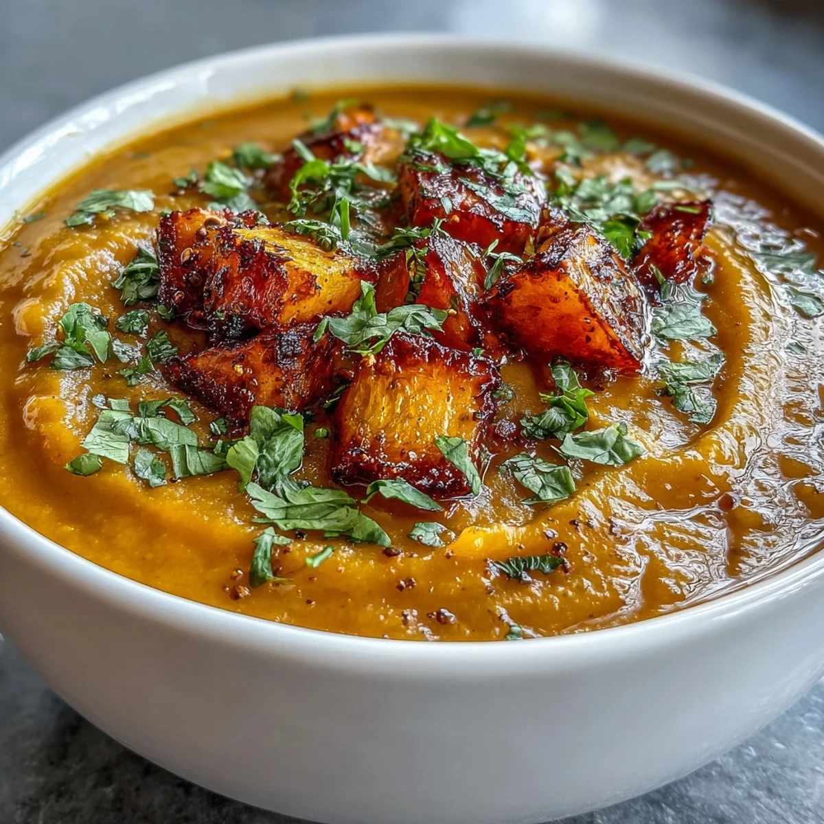 Creamy, golden butternut squash and lentil soup served in a rustic bowl, garnished with fresh cilantro and a lemon wedge for a bright, warming meal.
