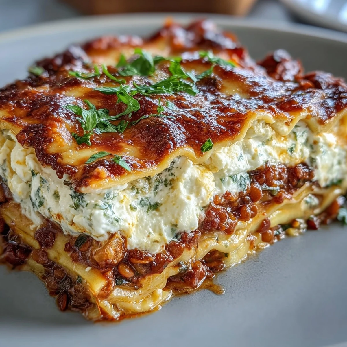 Close-up of layered One-Pan Smoky Veggie Lentil Lasagne with ricotta and melted mozzarella, ready to slice.