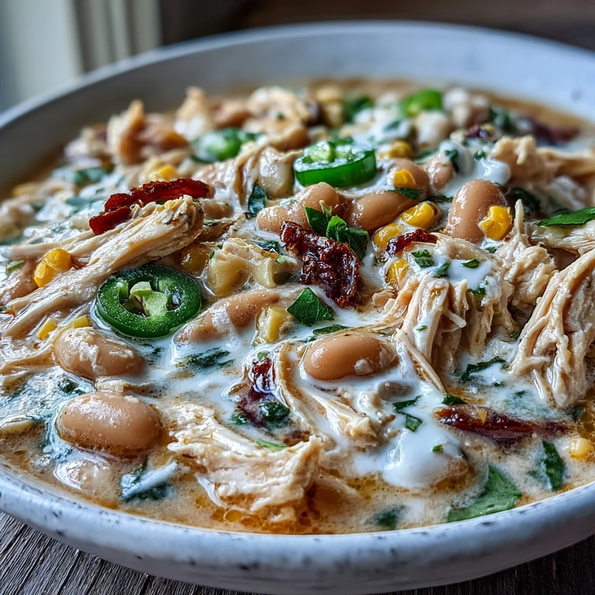 Photograph of hearty White Chicken Chili served in a rustic bowl with lime wedges on the side.