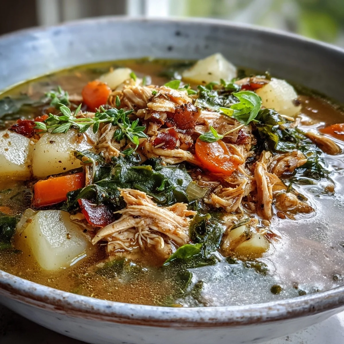 A close-up of hearty collard greens, chicken and vegetable soup in a rustic bowl, garnished with fresh parsley.  