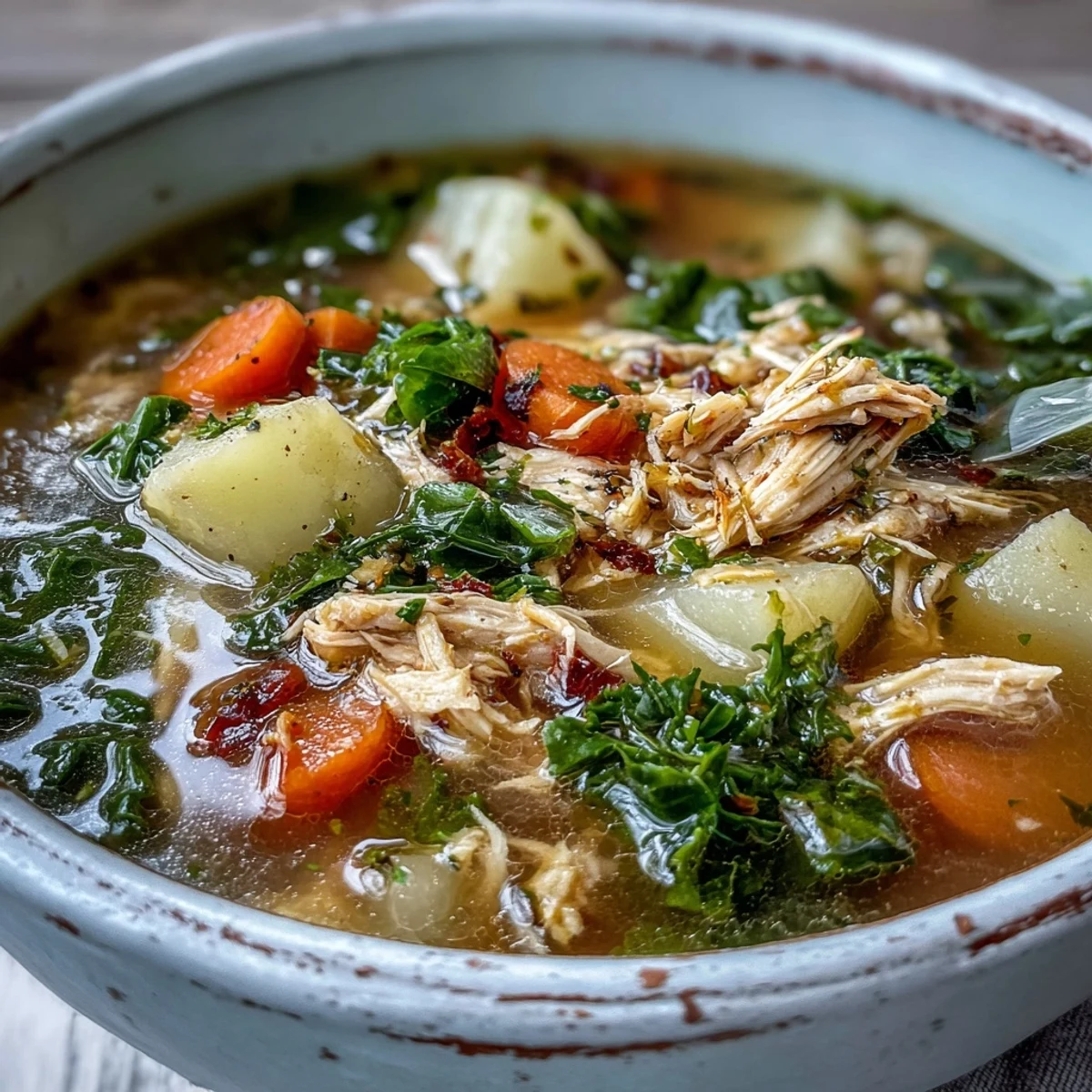 Vibrant bowl of collard greens, chicken and vegetable soup featuring tender chicken, potatoes, and greens in a golden broth.  