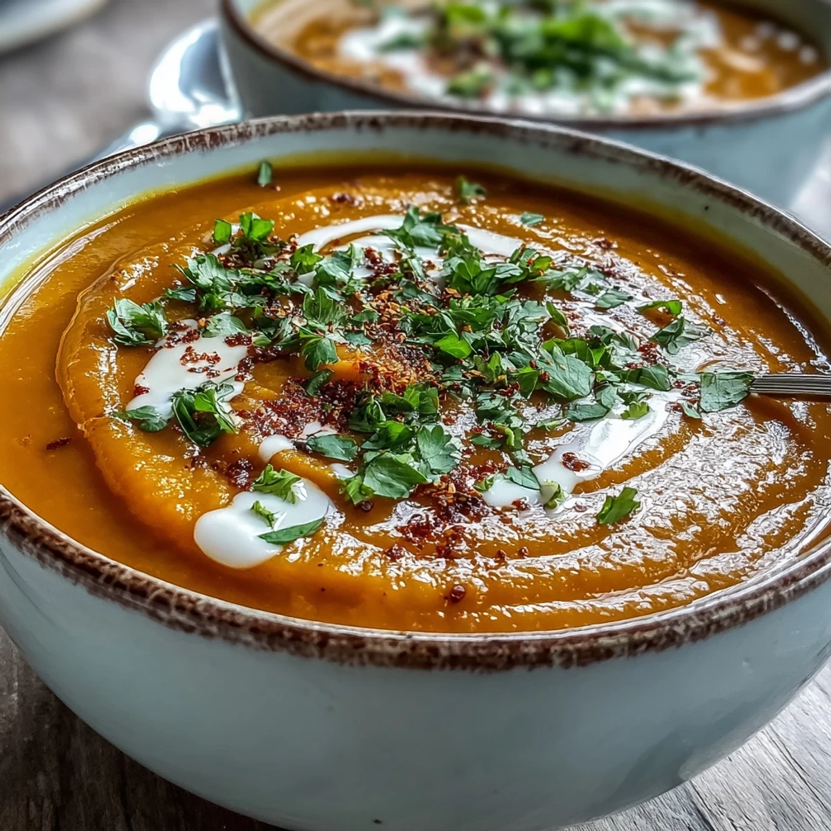 A steaming bowl of Carrot, Celeriac and Chilli Soup garnished with fresh herbs and a swirl of creamy coconut yogurt.  