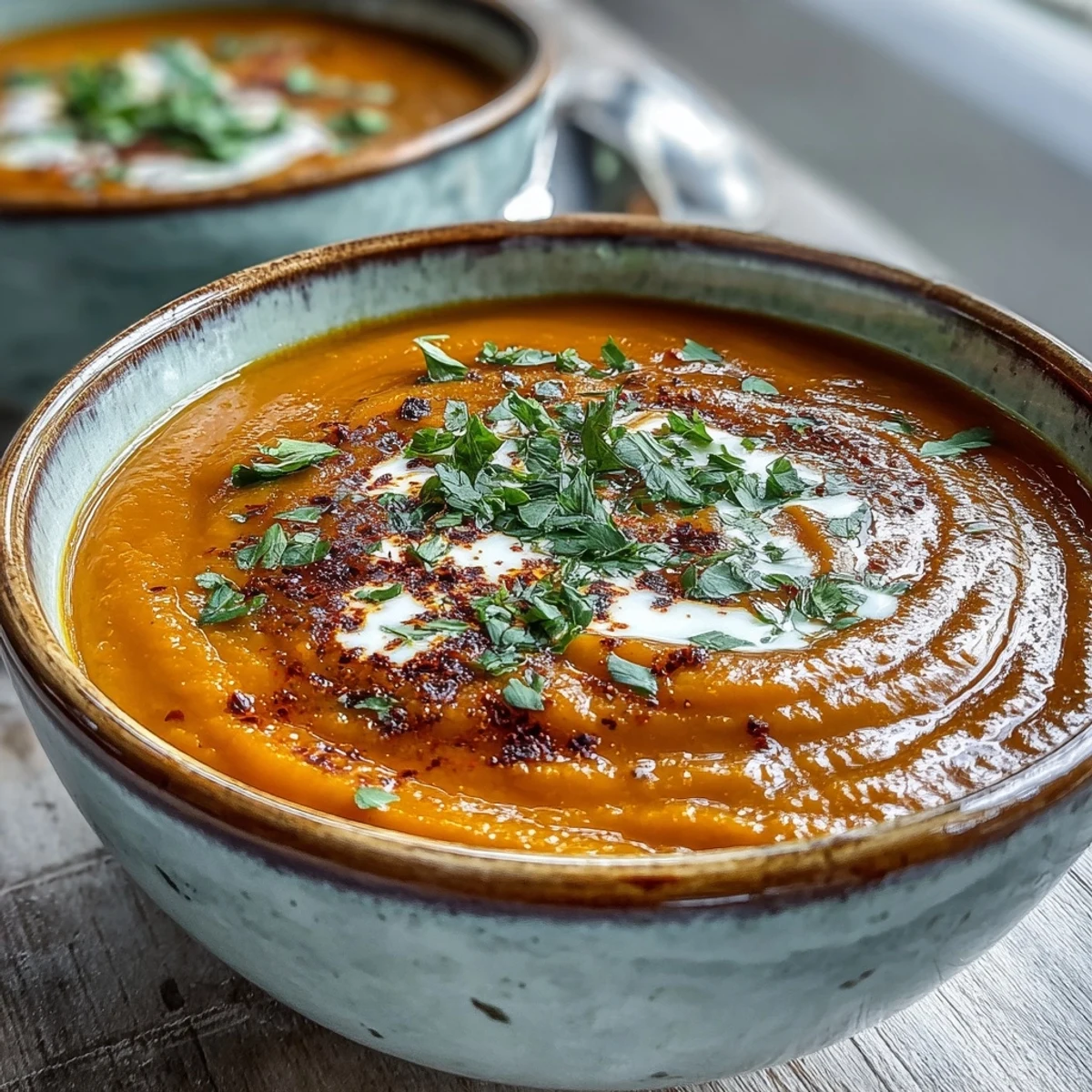 Close-up of a creamy, golden Carrot, Celeriac and Chilli Soup blended smooth and garnished with fresh coriander.