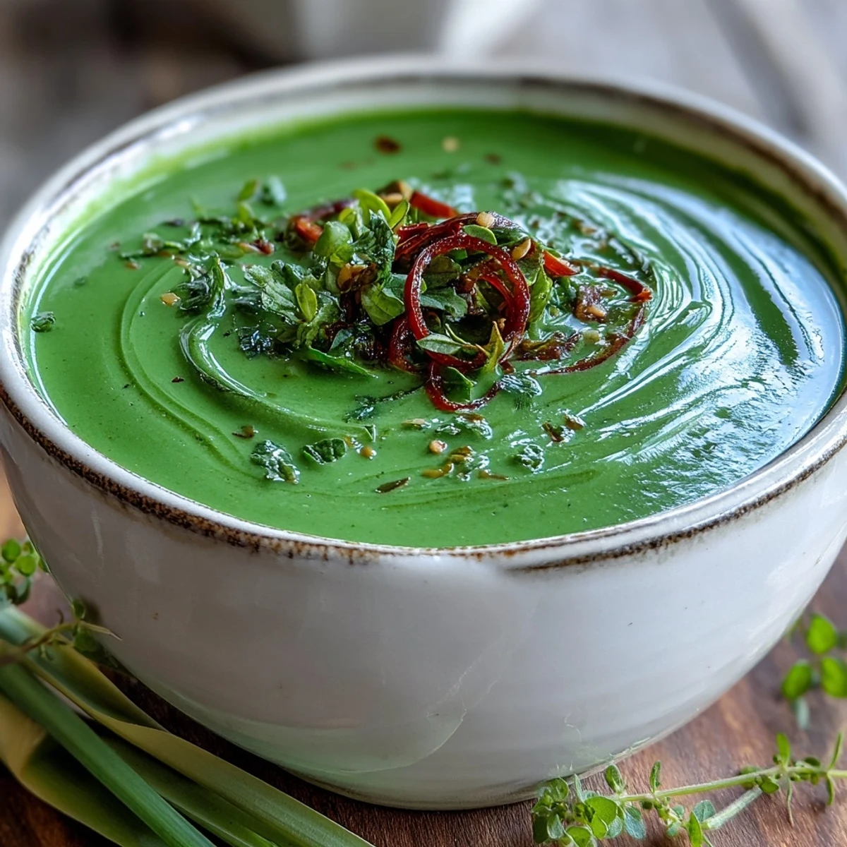 Silky green Spinach Coriander Lemongrass Soup in a white bowl with steam rising.