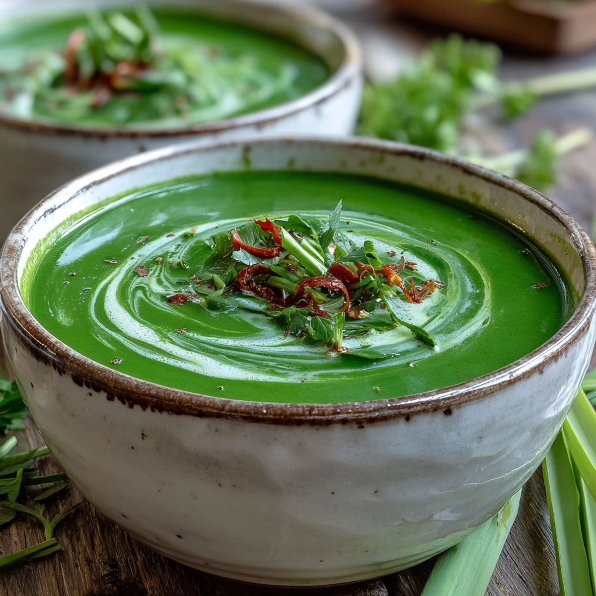 Creamy vegan Spinach Coriander Lemongrass Soup beside crusty bread for a cozy meal.