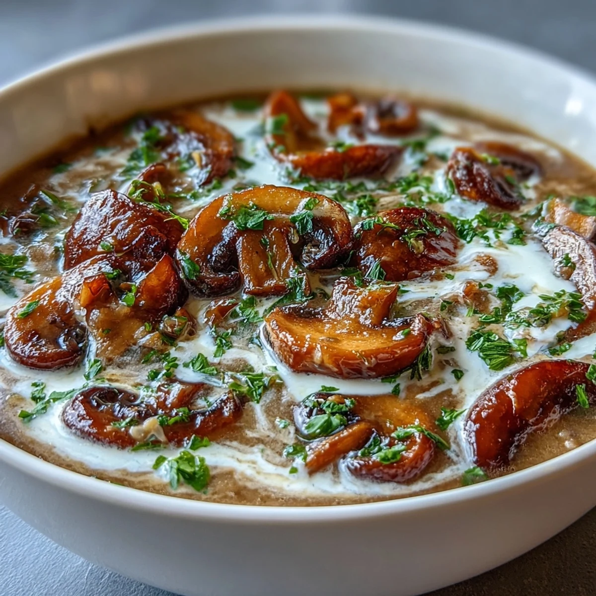 Creamy Mushroom Stroganoff Soup steaming in a rustic bowl, topped with fresh parsley and a dollop of sour cream.