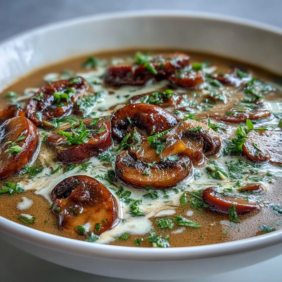 Serve Creamy Mushroom Stroganoff Soup with crusty bread for dipping, highlighting a creamy, luxurious texture for comforting evenings.