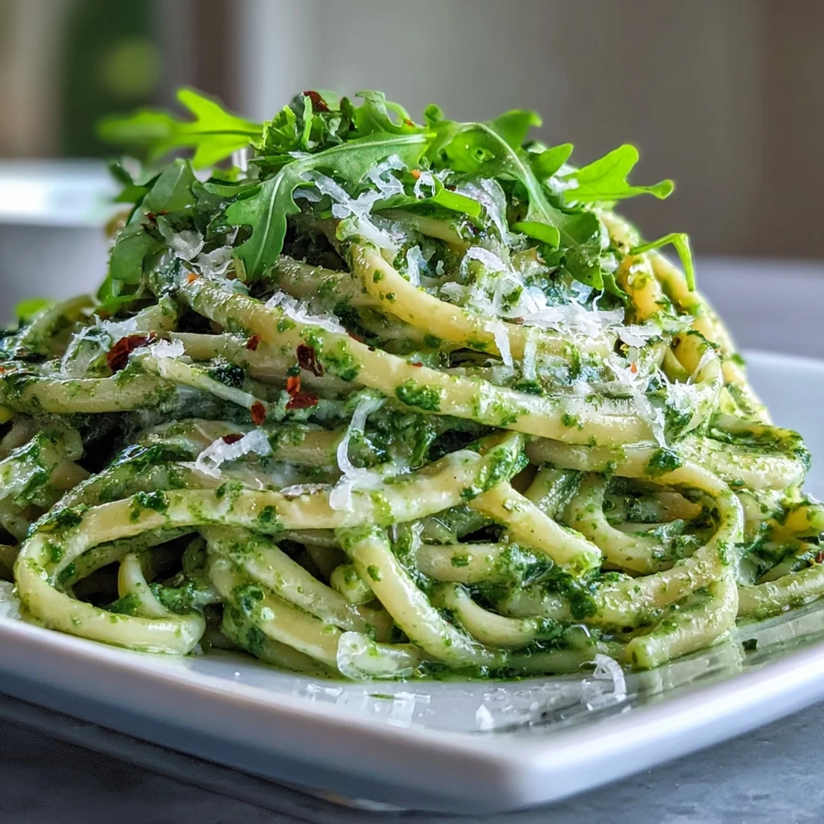 Freshly tossed Linguine with Arugula Pesto in a white bowl, garnished with extra peppery greens and grated Parmesan.