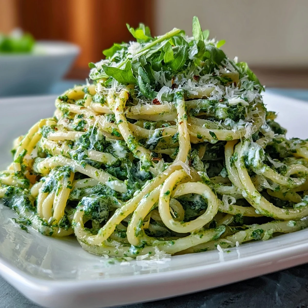 Creamy Linguine with Arugula Pesto served with lemon wedges on a rustic wooden table for a bright weeknight meal.