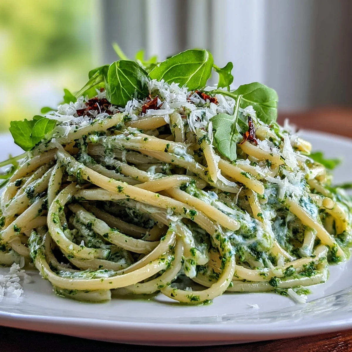 Steaming bowl of Linguine with Arugula Pesto topped with fresh arugula and black pepper, ready to enjoy.