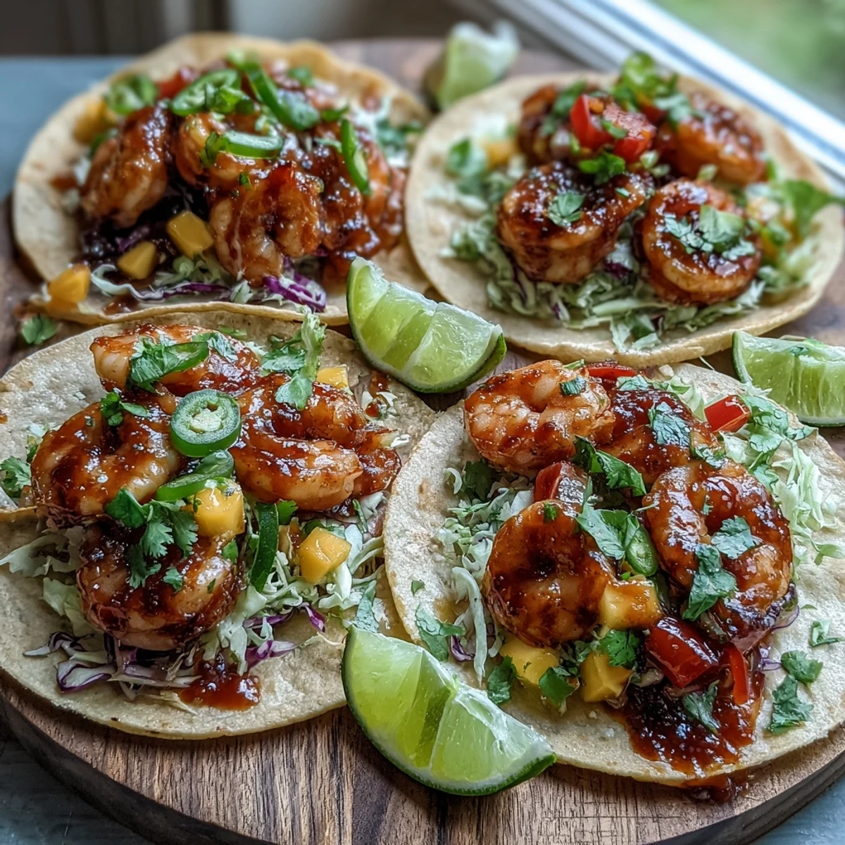 Freshly warmed corn tortillas hold sautéed Sriracha Shrimp Tacos with Mango Salsa and shredded red cabbage.