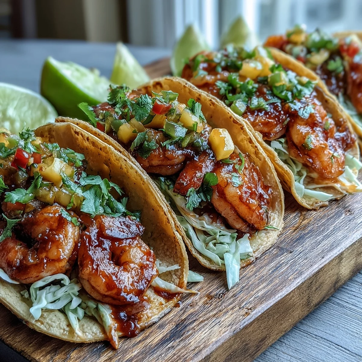 Colorful Sriracha Shrimp Tacos with Mango Salsa feature juicy shrimp and a zesty mango salsa filling.
