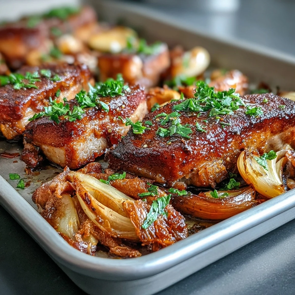 Golden-brown roasted pork slices and caramelized rhubarb pieces on a baking tray, garnished with fresh parsley.