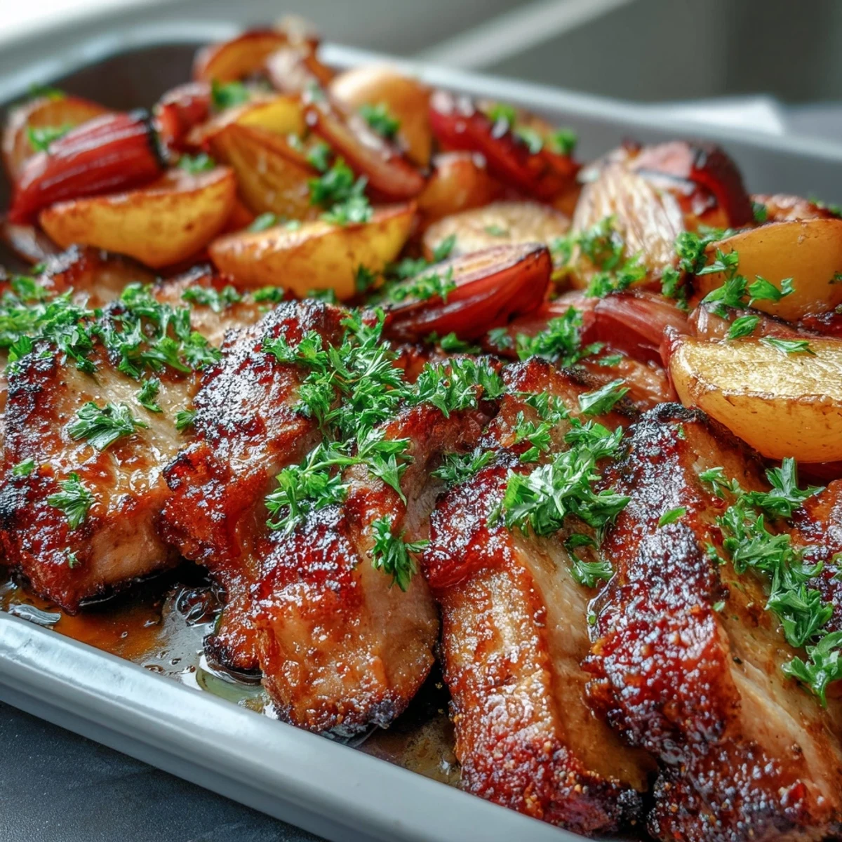 Thick slices of juicy pork shoulder roasted with vibrant rhubarb chunks, red onion wedges, and fresh ginger.