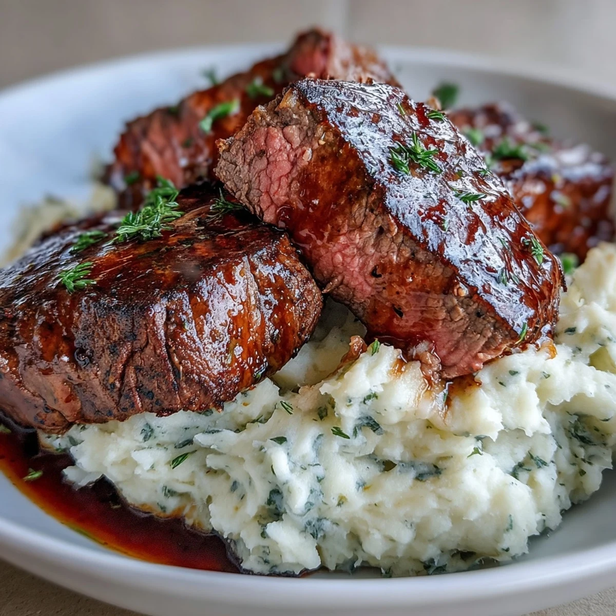 Golden-brown venison steaks resting over creamy caraway crushed swede mash, garnished with fresh thyme sprigs.