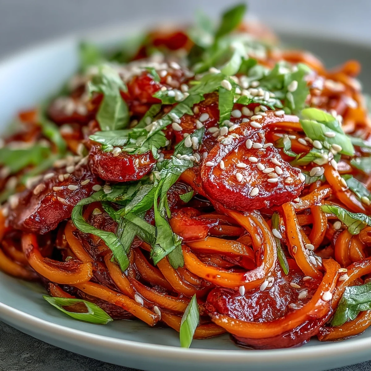 Golden roasted swede ribbons and rice noodles coated in a glossy, spicy gochujang dressing.
