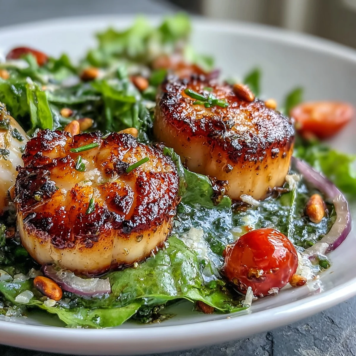Golden seared scallops rest atop a vibrant escarole salad, finished with pesto vinaigrette.