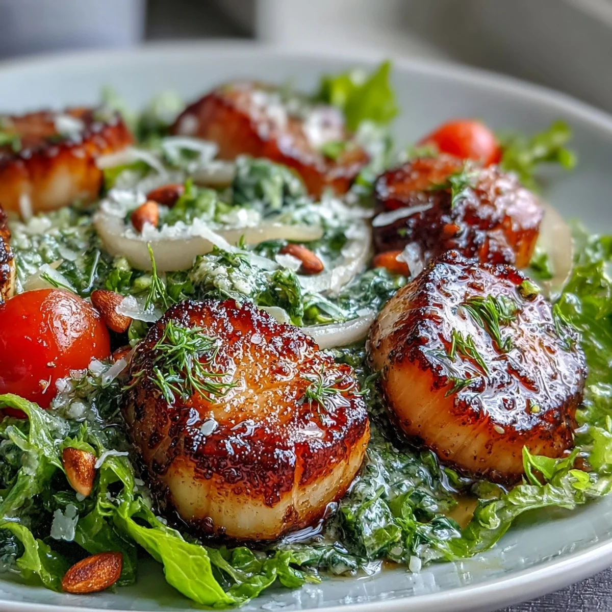 Plump scallops with a golden crust sit on a fresh escarole and tomato salad.