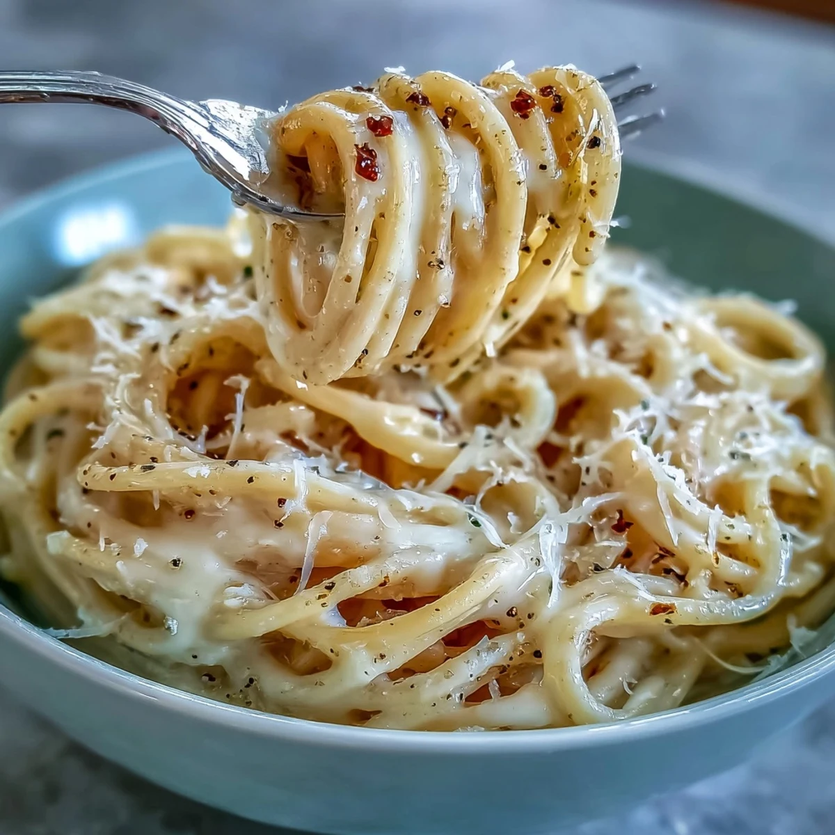 Close-up of Cacio e Pepe pasta with shaved Pecorino Romano and pepper flakes, ready to be enjoyed at a dinner table.