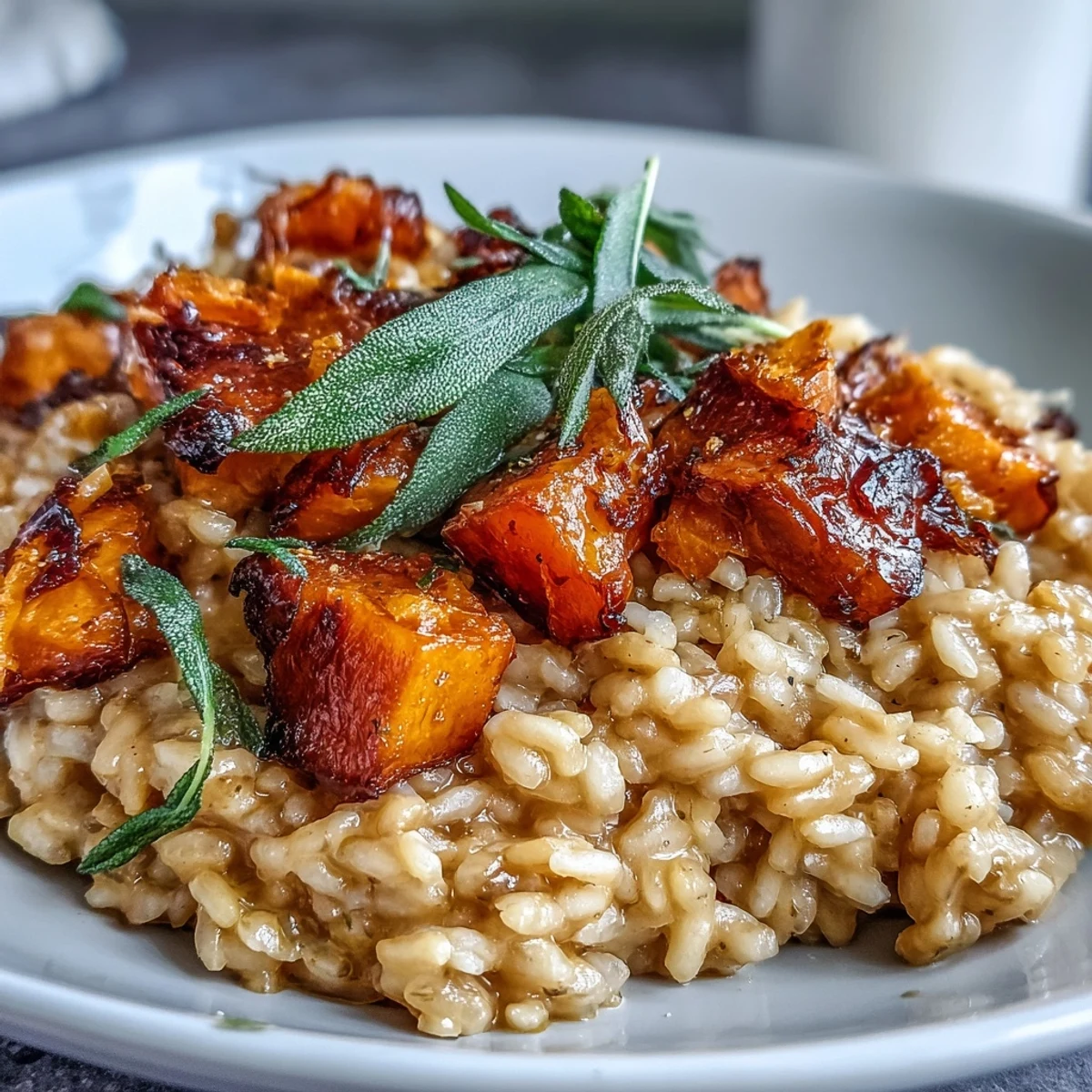 Vegan Pumpkin Risotto garnished with lemon zest, perfect with a glass of vegan white wine.