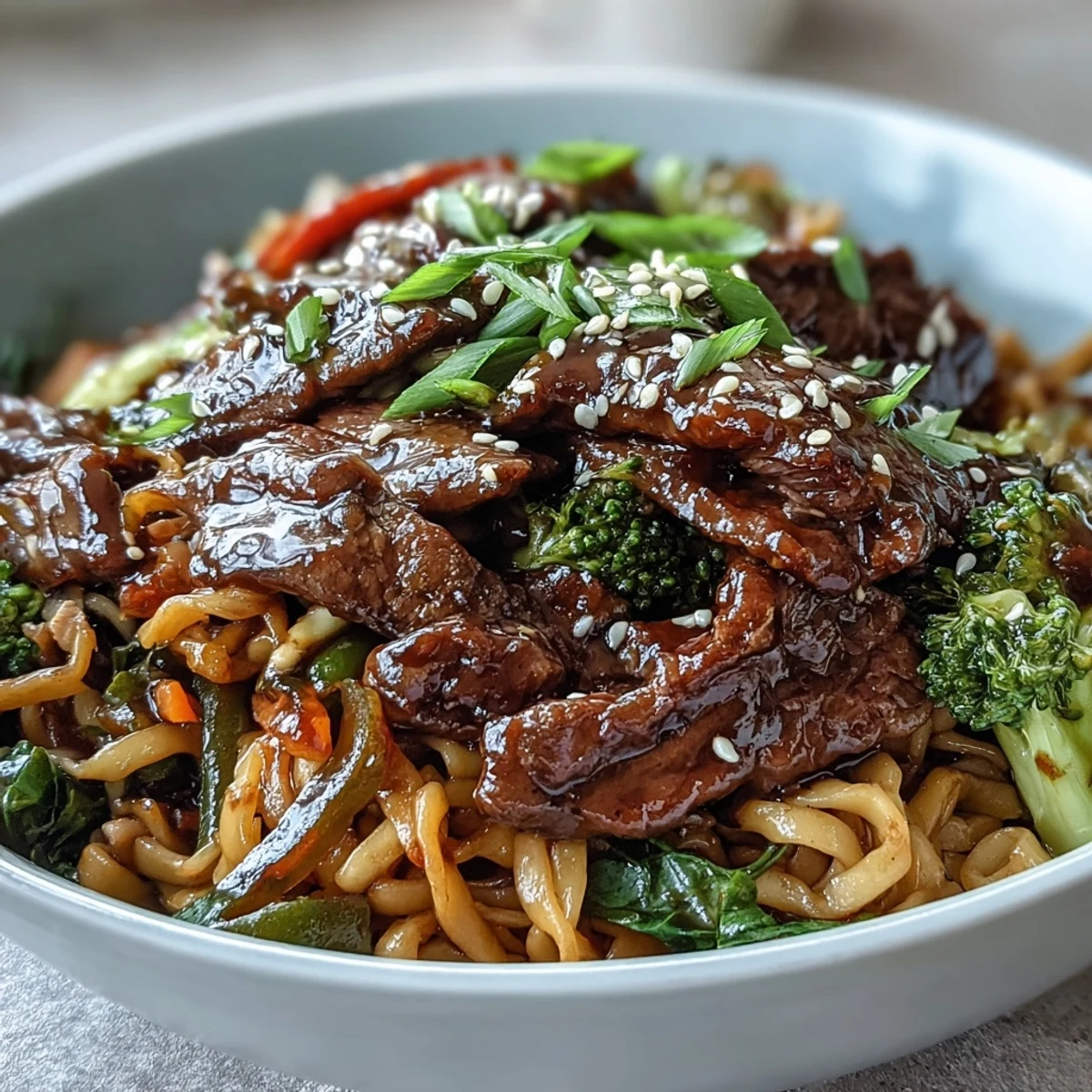 Bright, sizzling Korean Beef Noodles in a white bowl, garnished with green onions and sesame seeds for a flavorful weeknight dinner.