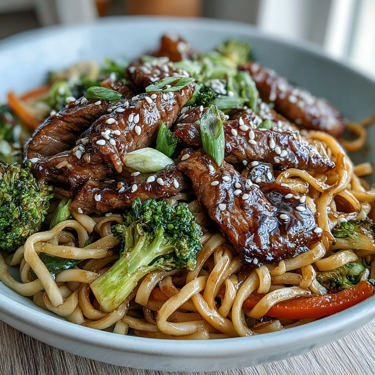 Sizzling skillet of Korean Beef Noodles with broccoli, carrots, and aromatics, ready to serve for a family-style meal.