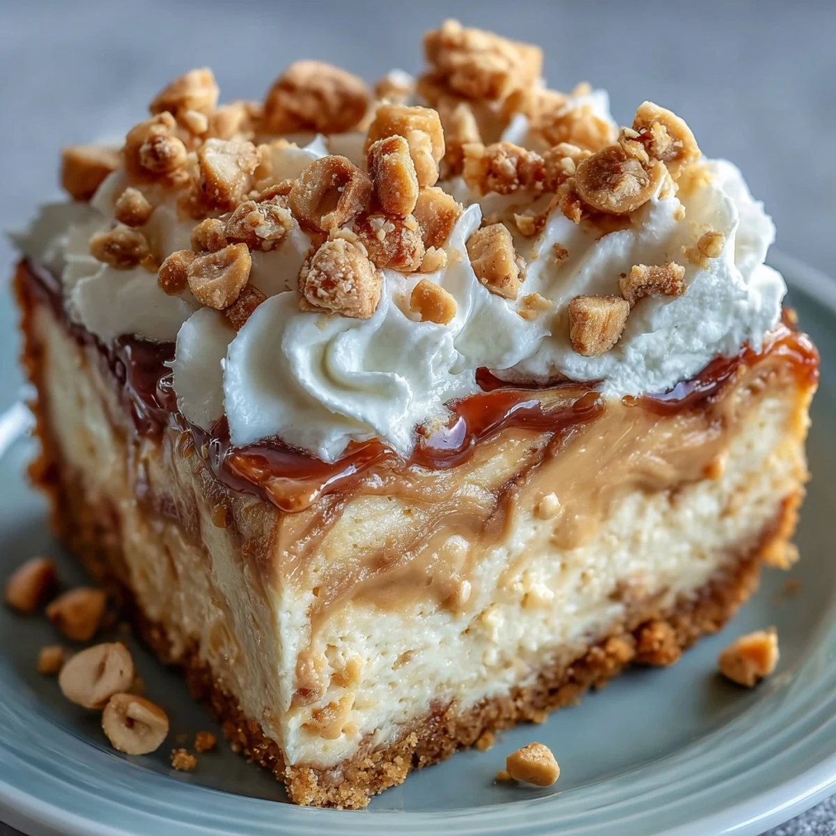 A whole Nutter Butter cheesecake topped with fluffy whipped cream and chopped peanuts on a rustic wooden table.