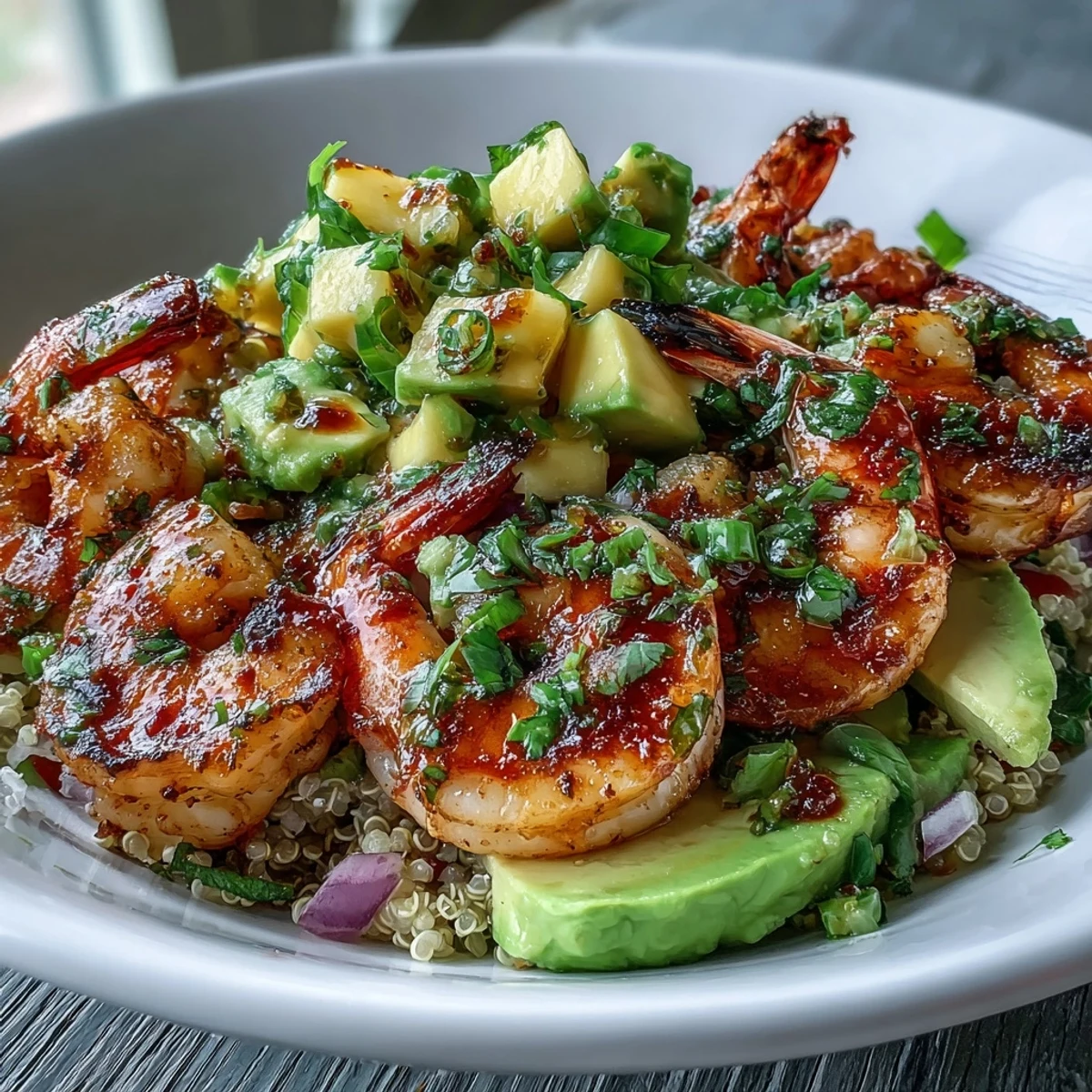 Fresh Shrimp and Creamy Avocado Bowls topped with vibrant mango salsa and zesty lime chili sauce, ready to serve.