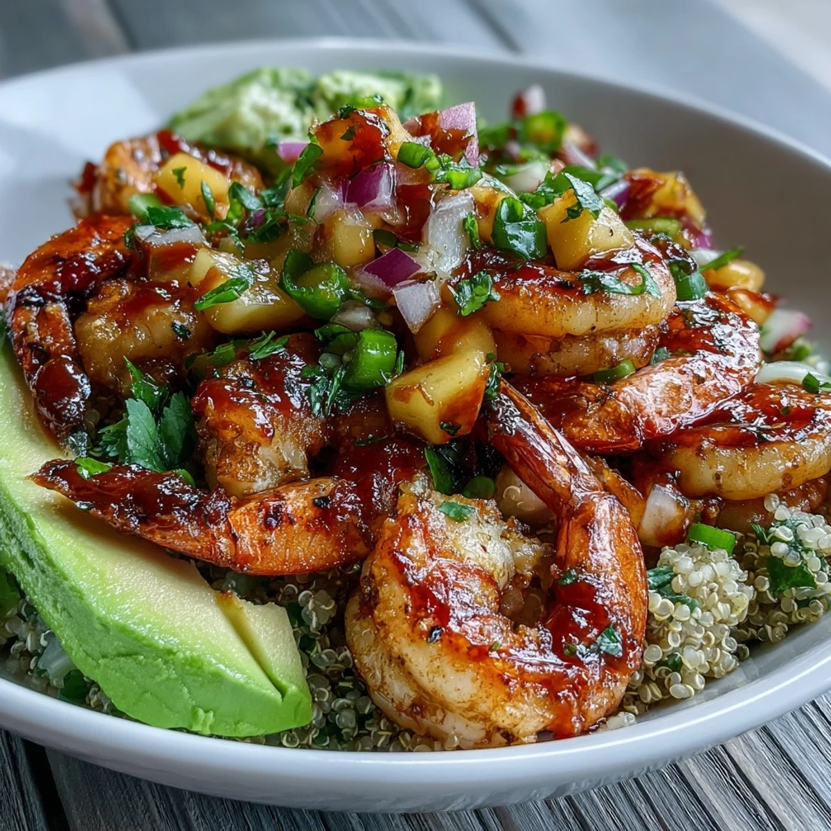 Smoky grilled shrimp and sliced avocado rest on quinoa, drizzled with tangy lime chili sauce in this bowl.