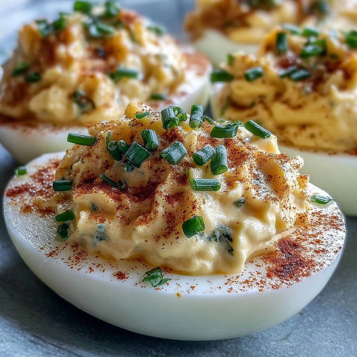 Million Dollar Deviled Eggs topped with paprika and fresh chives on a white platter.