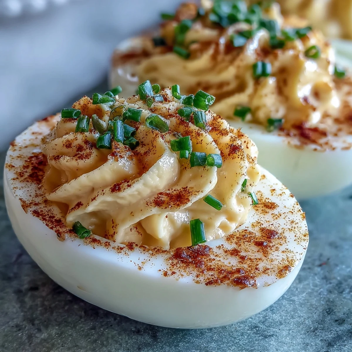 Soft boiled egg halves filled with creamy whipped yolk mixture for a tangy bite.