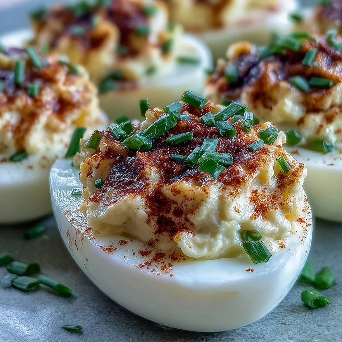 Ready-to-serve appetizer on a platter, garnished with paprika and chopped chives.
