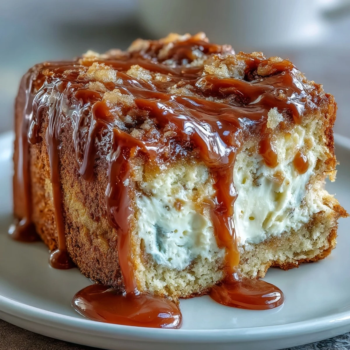 Freshly baked Caramel Cream Cheese Bread with a golden crust, revealing a moist crumb and marbled cream cheese swirl.