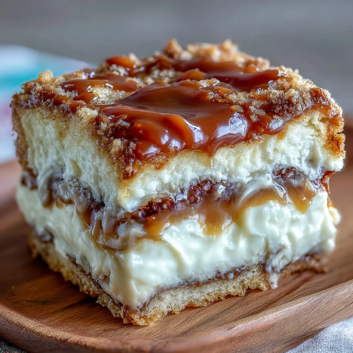 Golden-brown loaf of Caramel Cream Cheese Bread cooling on a wire rack, showcasing its rich caramel topping and creamy filling.