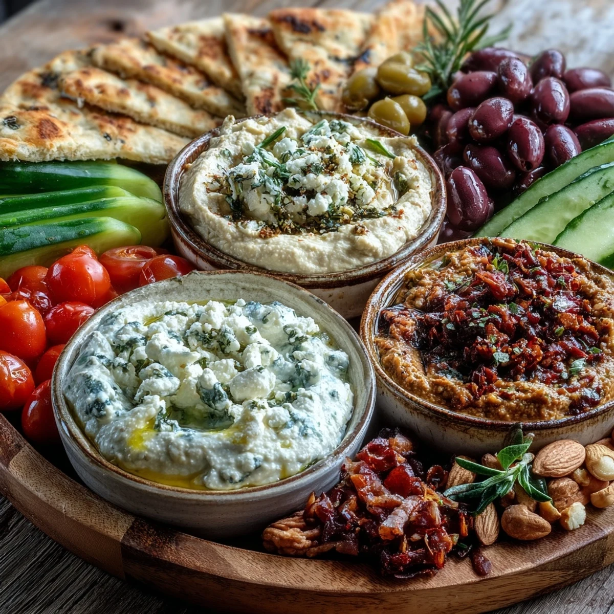 Overhead view of a Mediterranean Brunch Board with vibrant dips, fresh herbs, pita wedges, and nuts, perfect for a healthy vegetarian appetizer spread.