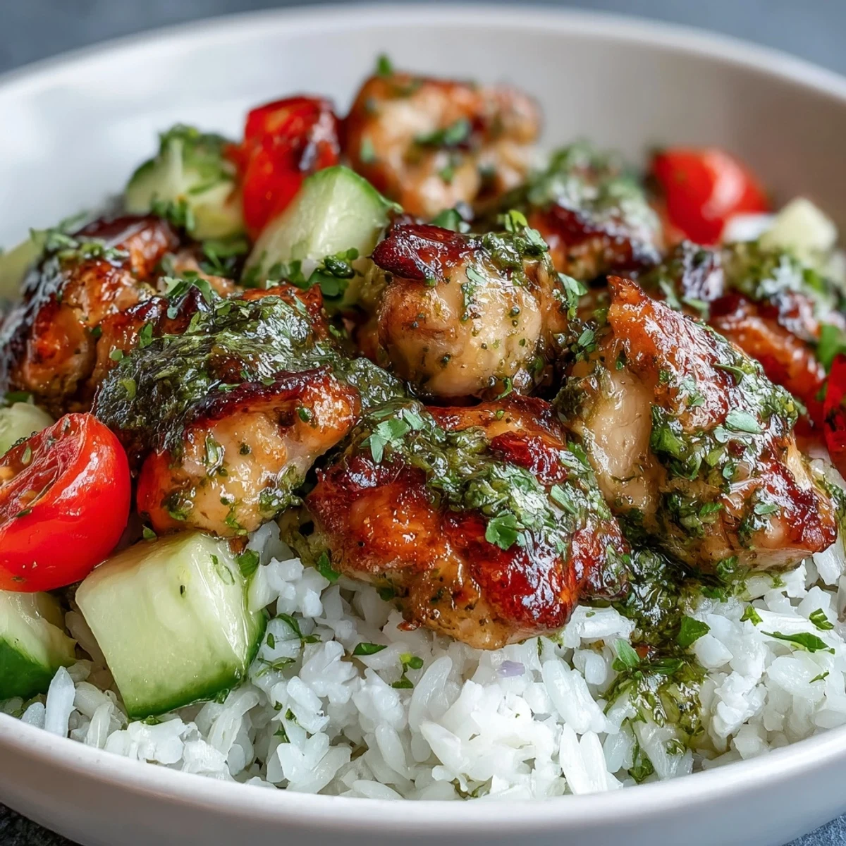 Freshly cooked Pesto Chicken Bowl features tender chicken coated in basil pesto nestled on fluffy rice with cherry tomatoes, cucumber, and avocado slices.