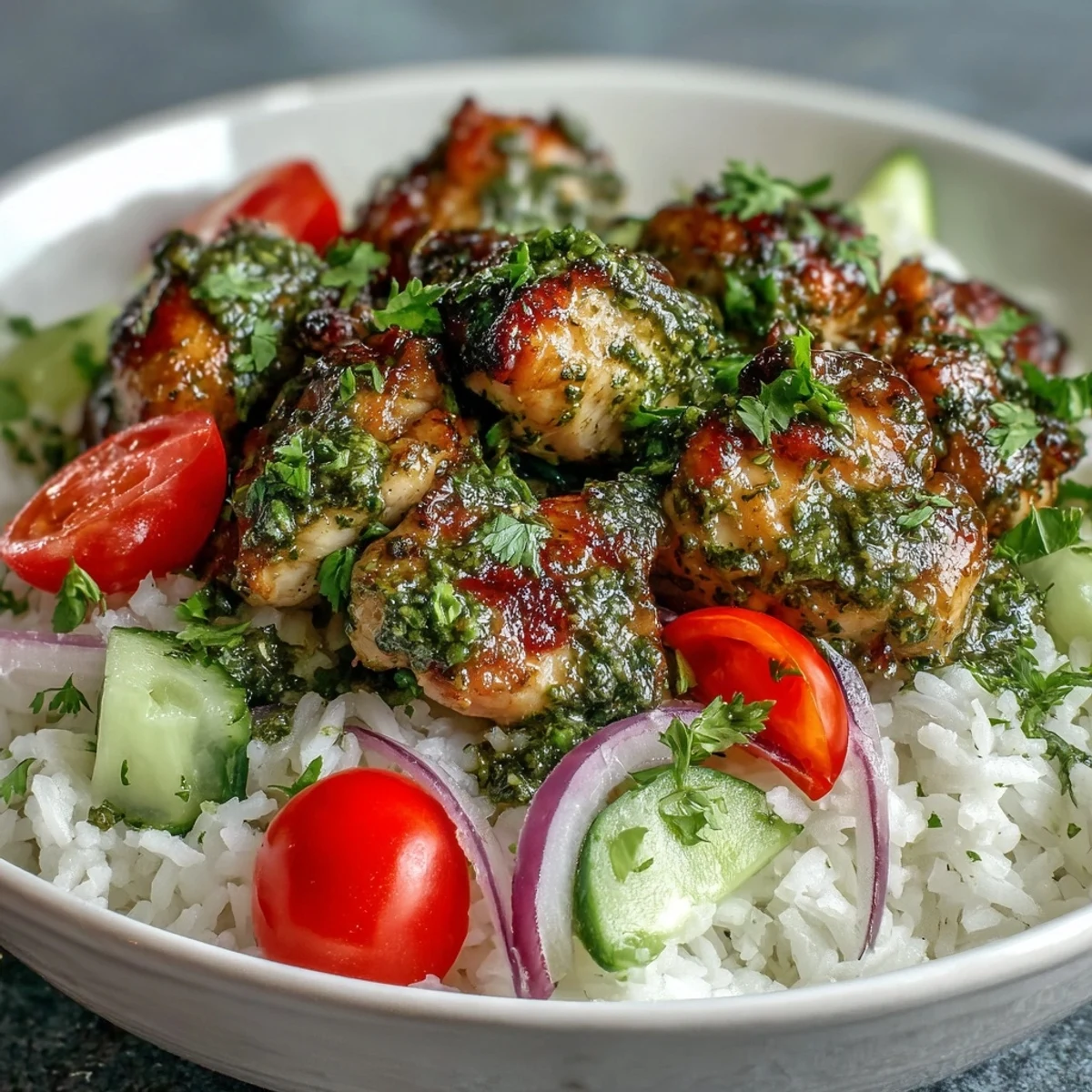 Golden Pesto Chicken Bowl presents juicy herb-marinated chicken over a bed of rice, garnished with vibrant veggies, baby spinach, and crunchy toasted pine nuts.