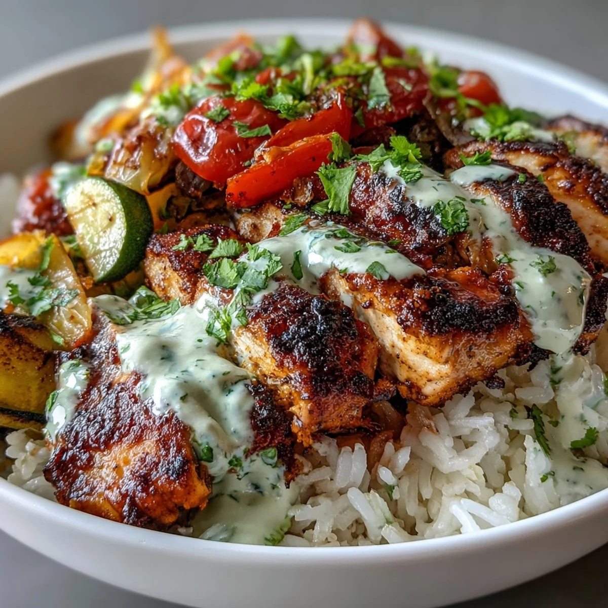 Flavorful blackened chicken bowl with colorful veggies and creamy lime drizzle.