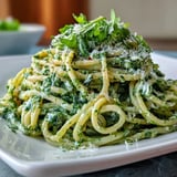 Creamy Linguine with Arugula Pesto served with lemon wedges on a rustic wooden table for a bright weeknight meal.