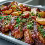 Thick slices of juicy pork shoulder roasted with vibrant rhubarb chunks, red onion wedges, and fresh ginger.